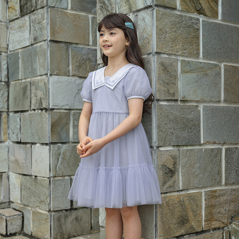 فستان بنات صيفي من التول باللون الأزرق ضوء النجوم مع ياقة بحرية تصميم كاجوال