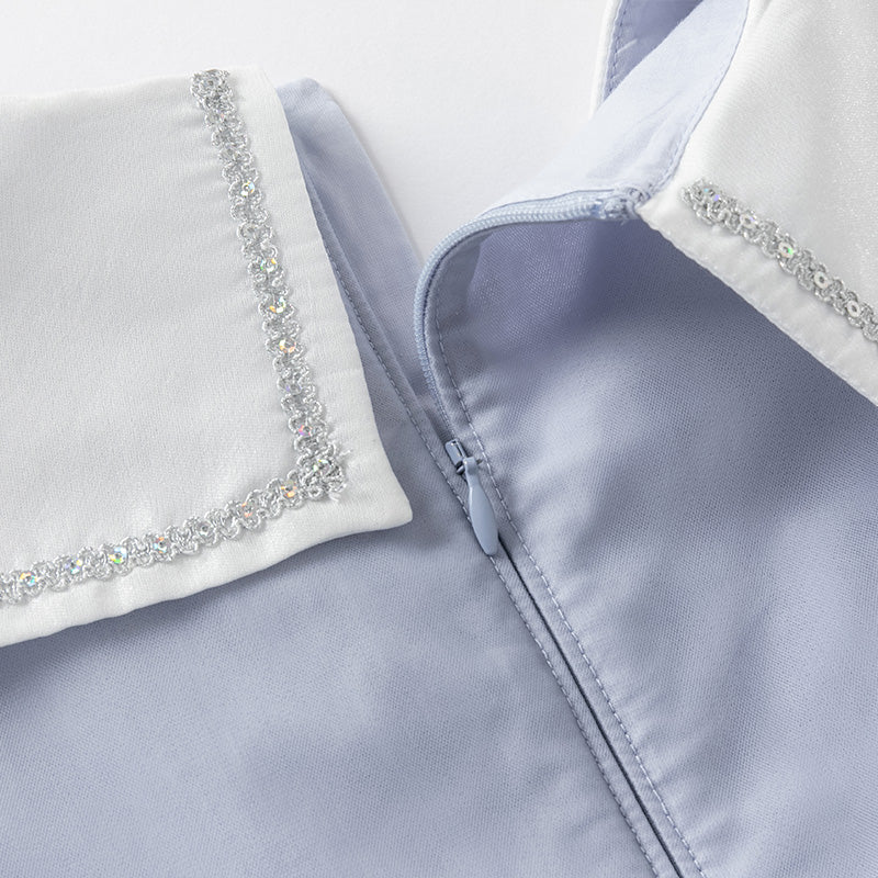 فستان بنات صيفي من التول باللون الأزرق ضوء النجوم مع ياقة بحرية تصميم كاجوال