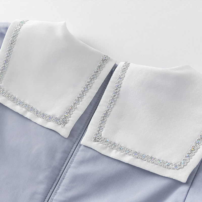 فستان بنات صيفي من التول باللون الأزرق ضوء النجوم مع ياقة بحرية تصميم كاجوال