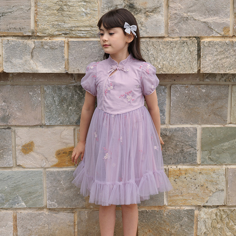 فستان بنات صيفي من التول باللون البنفسجي بأسلوب صيني عصري