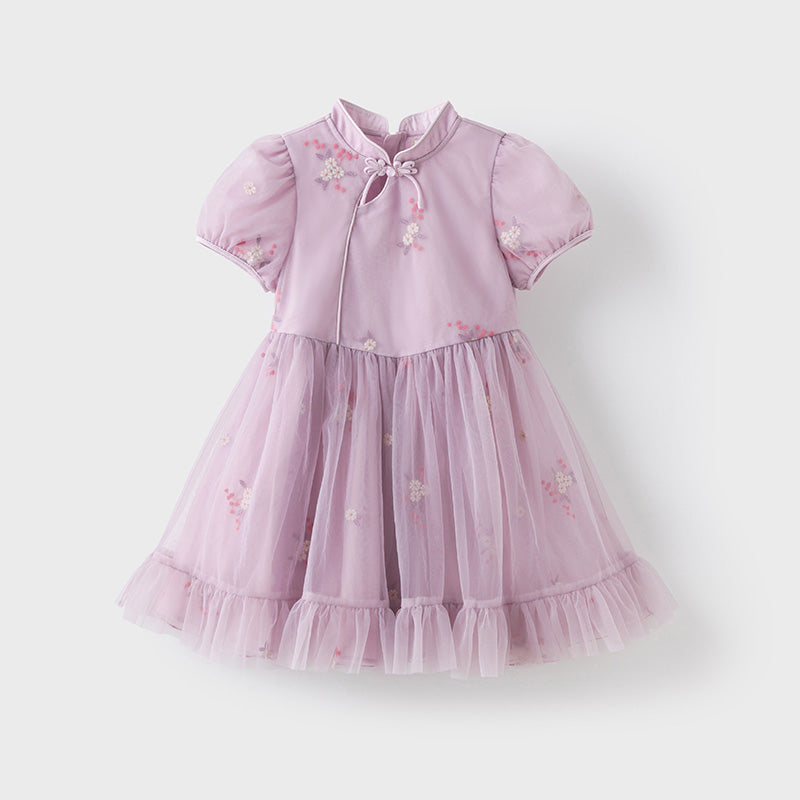 فستان بنات صيفي من التول باللون البنفسجي بأسلوب صيني عصري