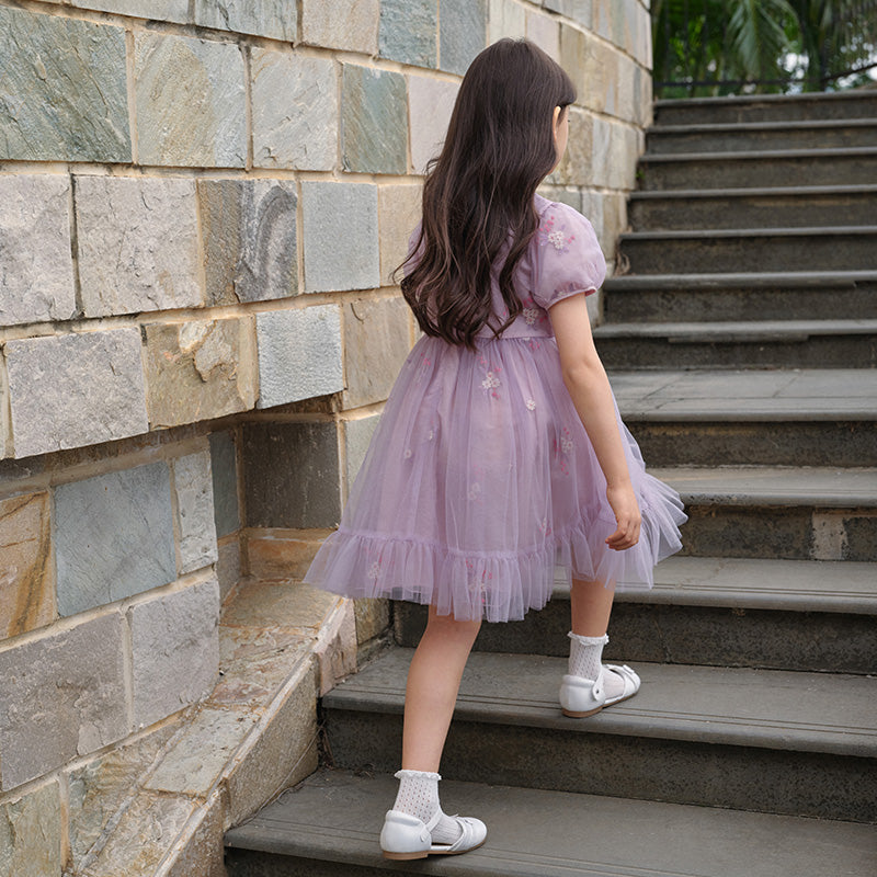 فستان بنات صيفي من التول باللون البنفسجي بأسلوب صيني عصري