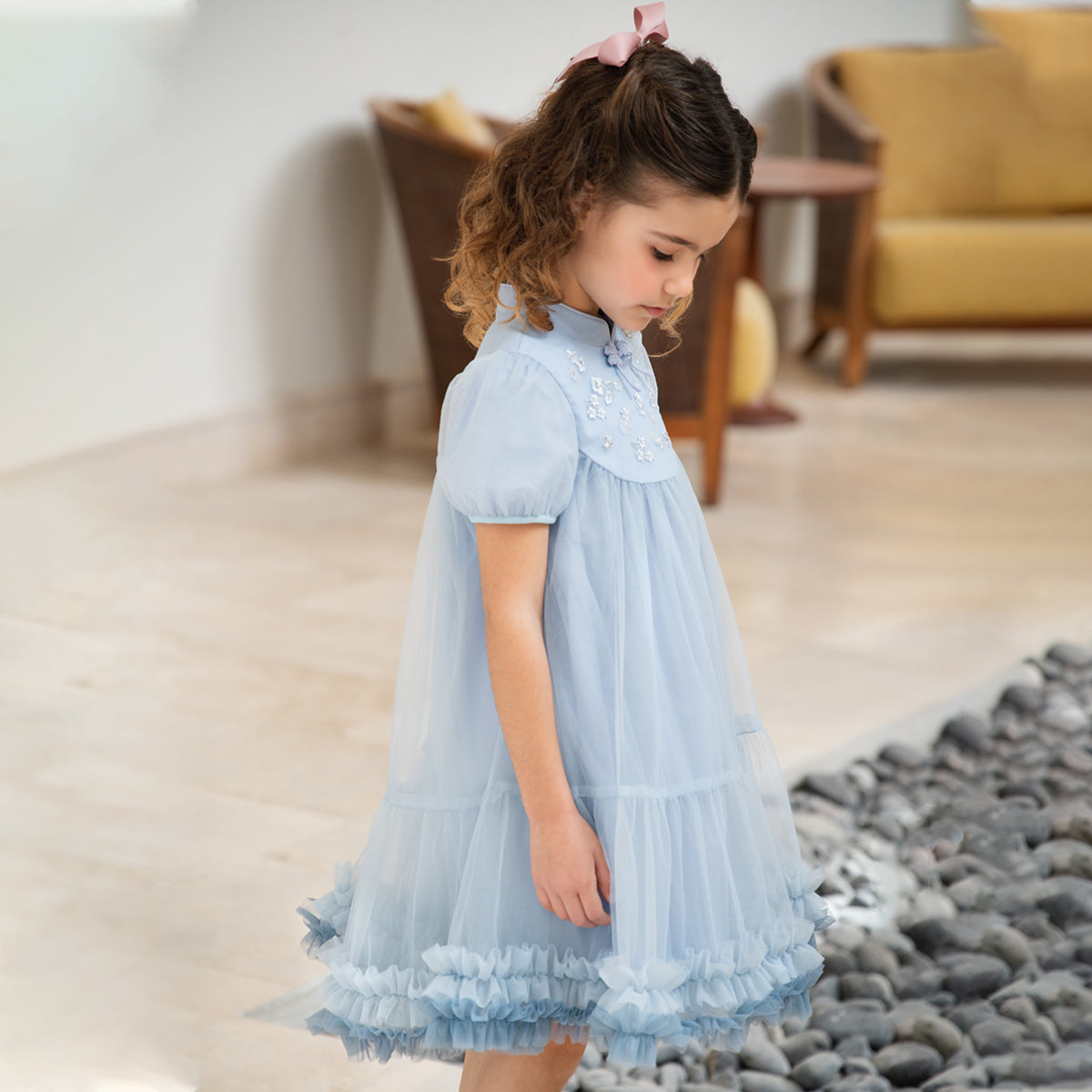 فستان أميرة صيفي شبكي باللون الأزرق للبنات الأطفال بتصميم صيني