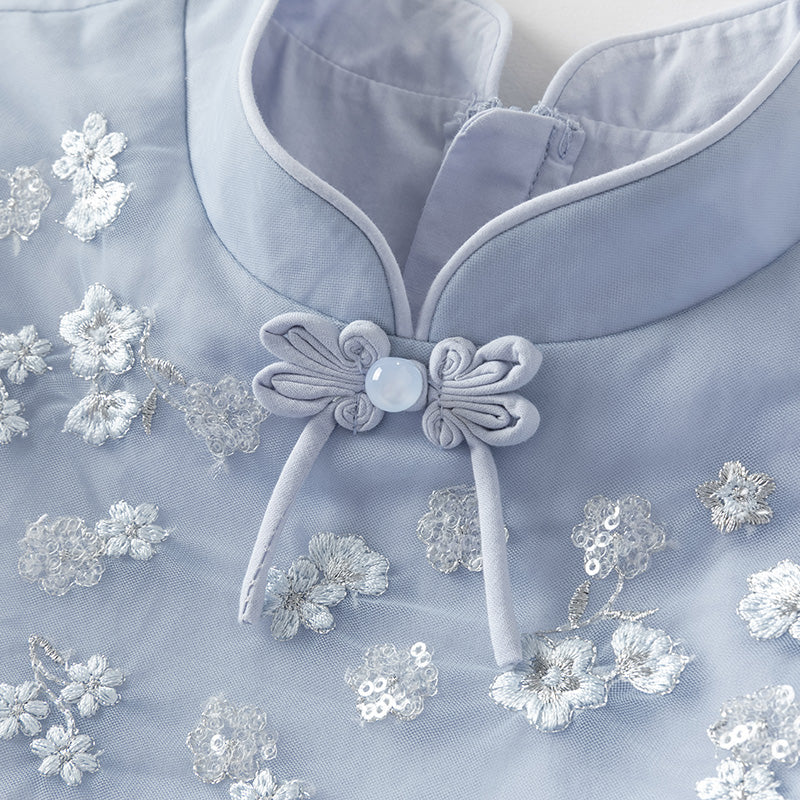 فستان أميرة صيفي شبكي باللون الأزرق للبنات الأطفال بتصميم صيني