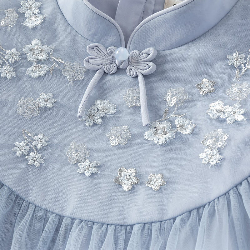فستان أميرة صيفي شبكي باللون الأزرق للبنات الأطفال بتصميم صيني