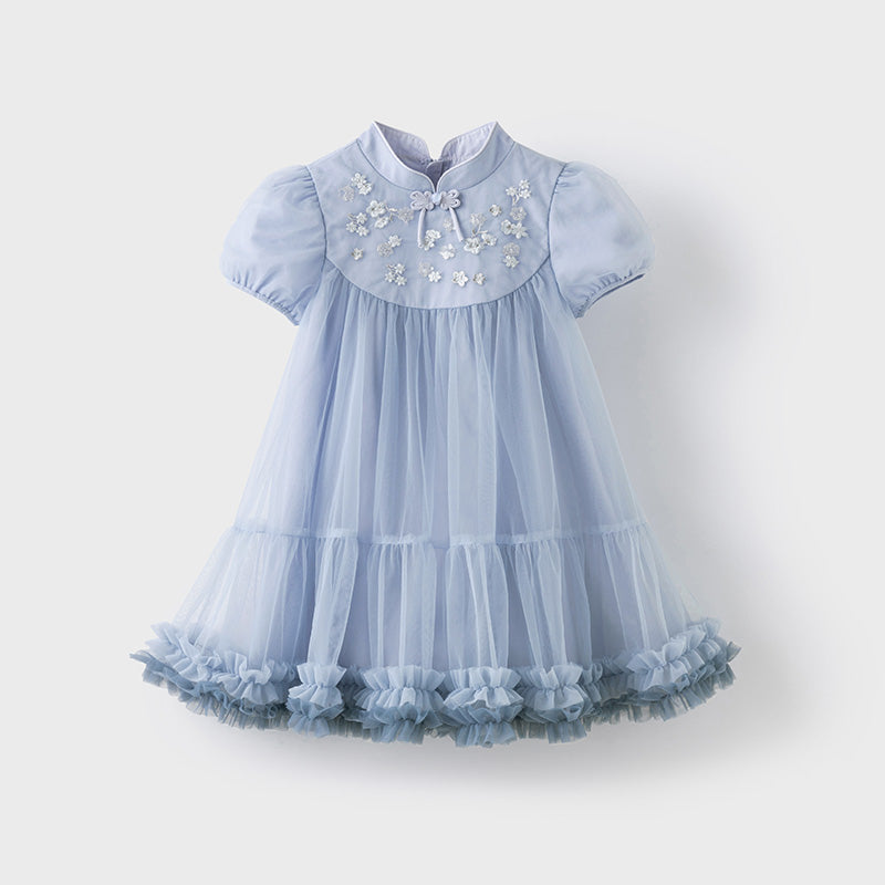 فستان أميرة صيفي شبكي باللون الأزرق للبنات الأطفال بتصميم صيني