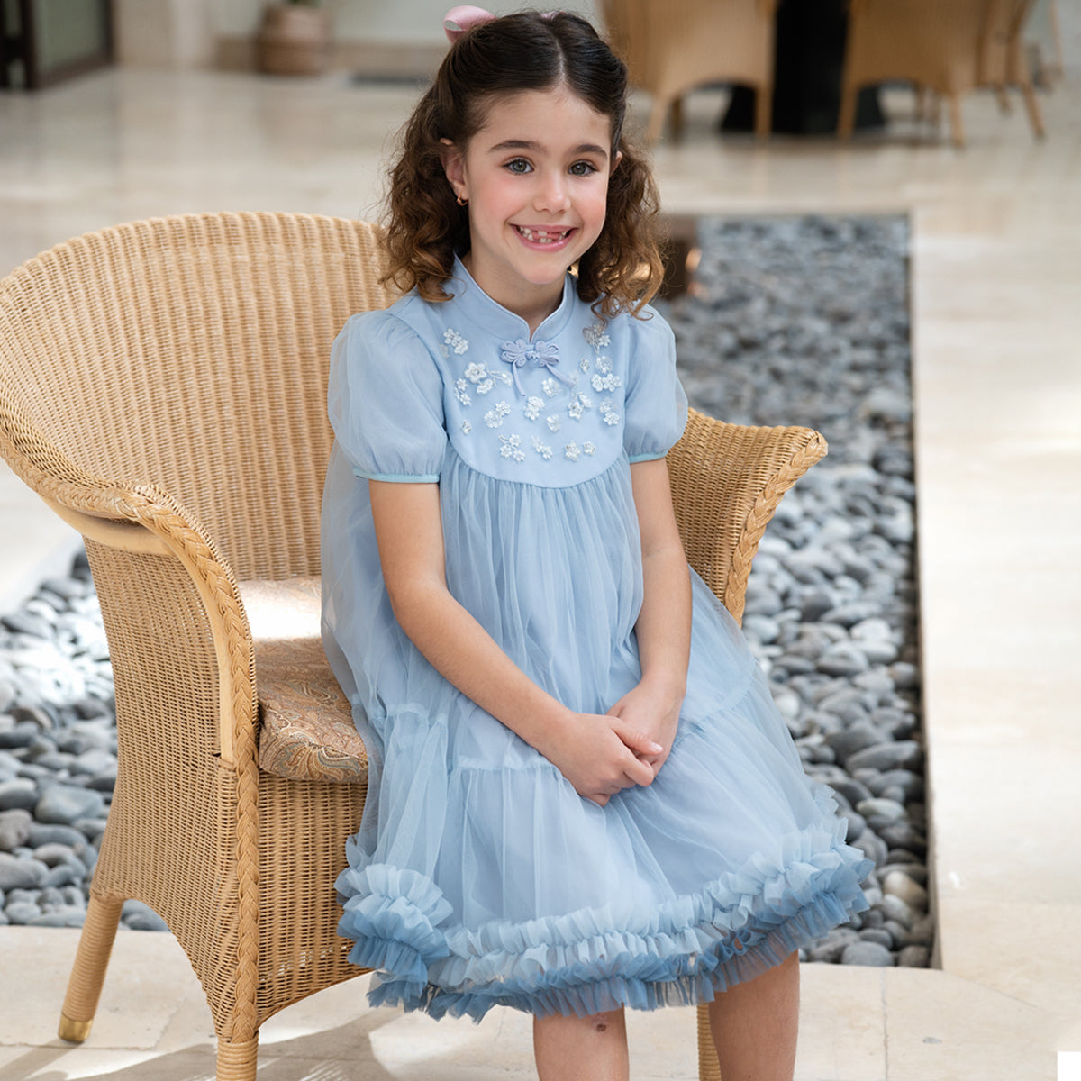 فستان أميرة صيفي شبكي باللون الأزرق للبنات الأطفال بتصميم صيني