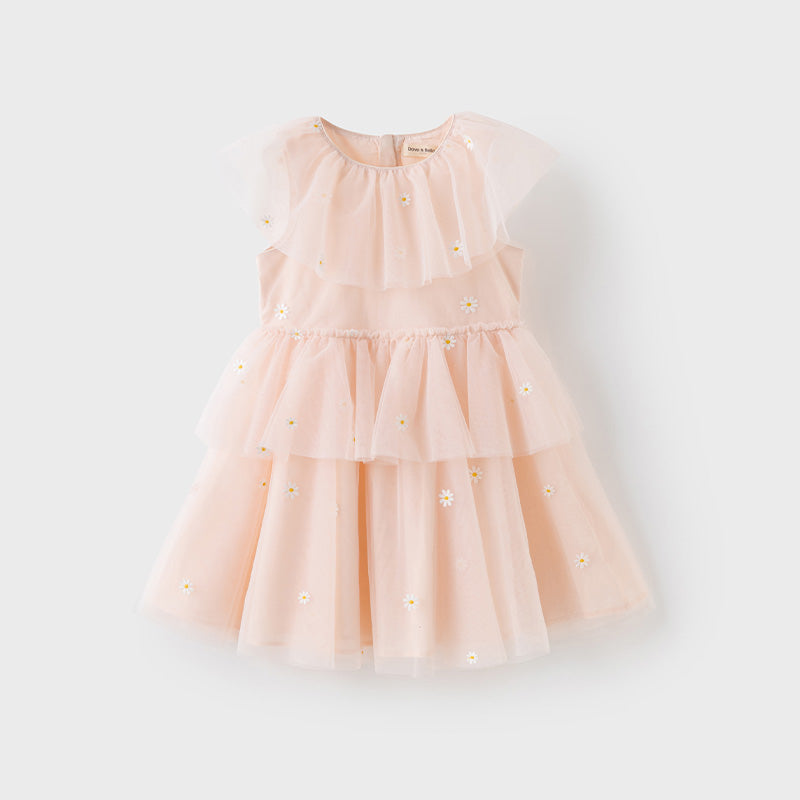 فستان بنات صيفي من التول باللون الوردي بأسلوب أميرة