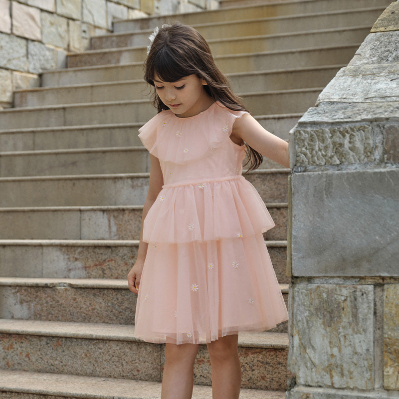 فستان بنات صيفي من التول باللون الوردي بأسلوب أميرة