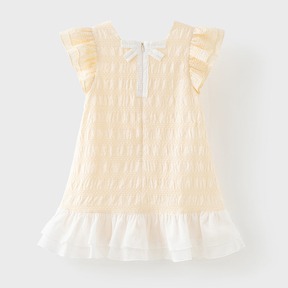 فستان بنات صيفي أصفر بياقة مربعة وأكمام كاب مزين بعقدة وحواف مكشكشة