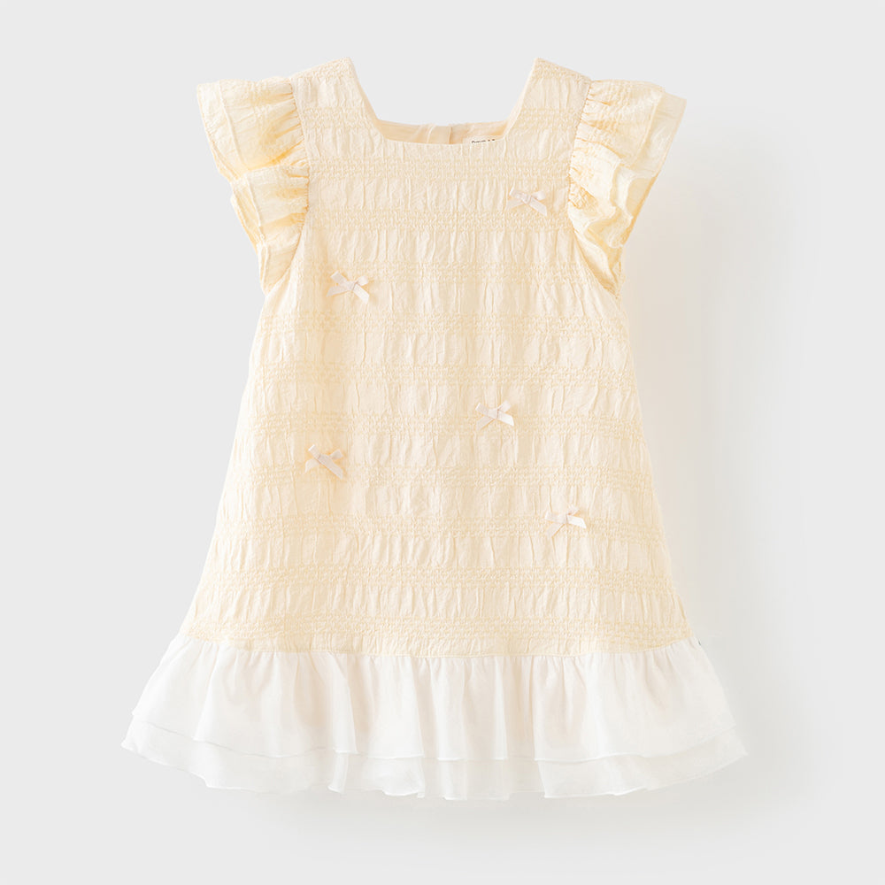 فستان بنات صيفي أصفر بياقة مربعة وأكمام كاب مزين بعقدة وحواف مكشكشة