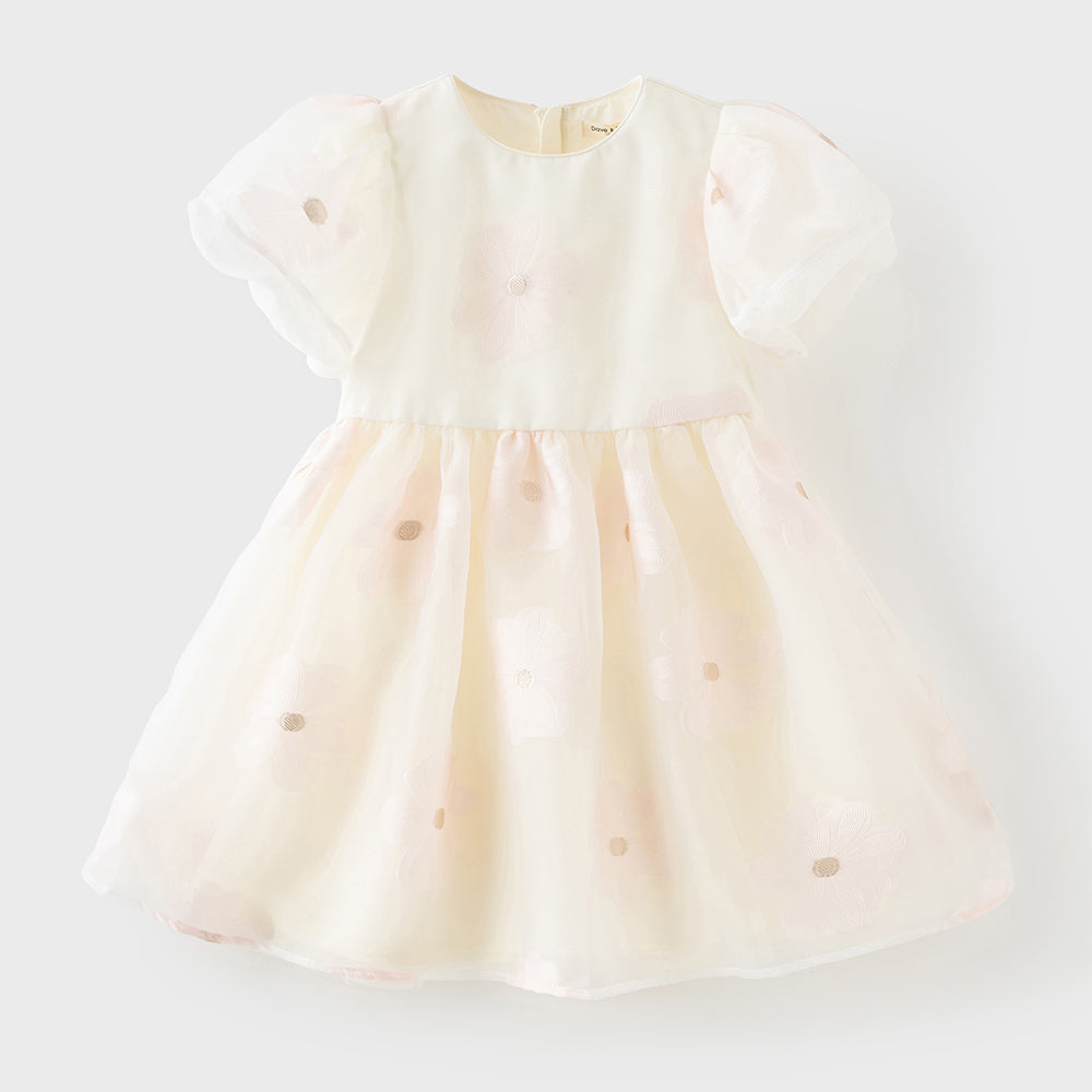 فستان بنات صيفي وردي بياقة دائرية وأكمام منفوشة مع تطريز زهور بأسلوب أميرة