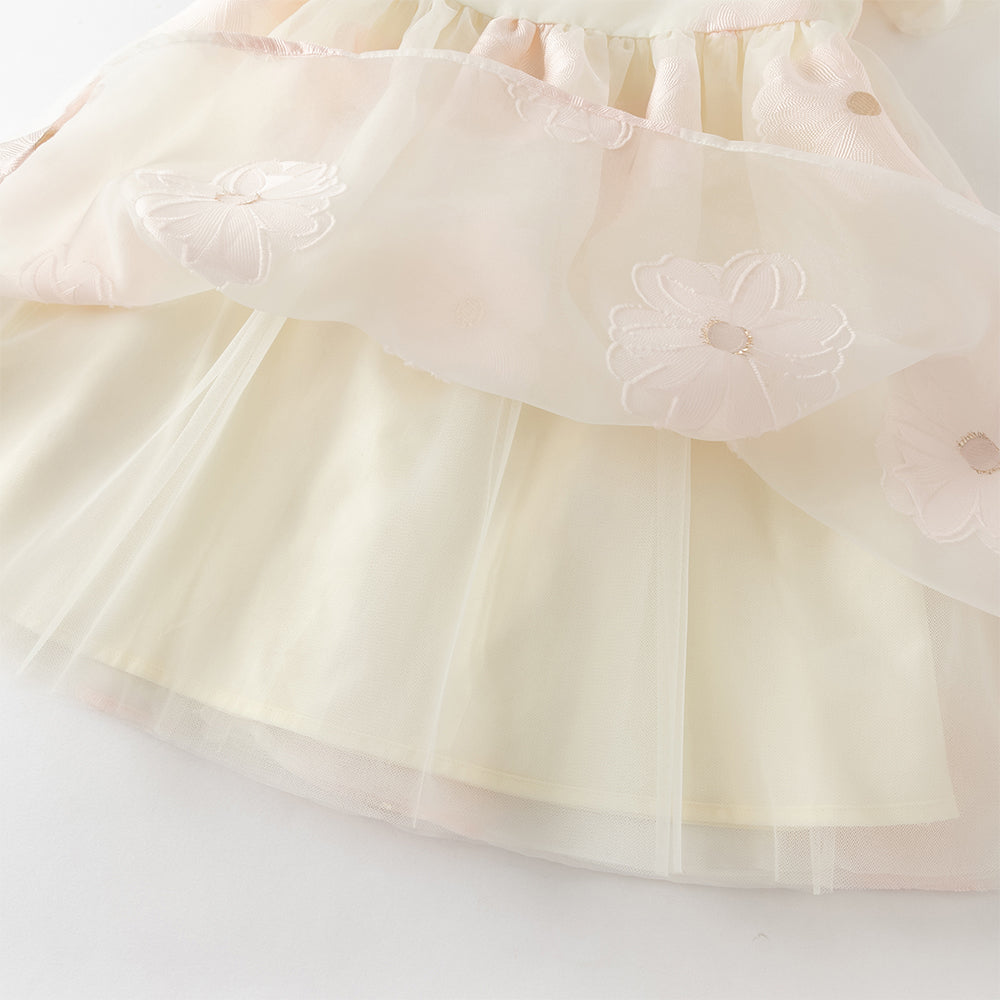 فستان بنات صيفي وردي بياقة دائرية وأكمام منفوشة مع تطريز زهور بأسلوب أميرة