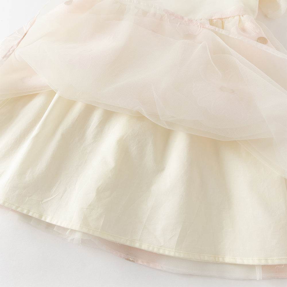 فستان بنات صيفي وردي بياقة دائرية وأكمام منفوشة مع تطريز زهور بأسلوب أميرة