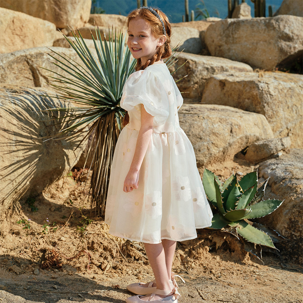 فستان بنات صيفي وردي بياقة دائرية وأكمام منفوشة مع تطريز زهور بأسلوب أميرة