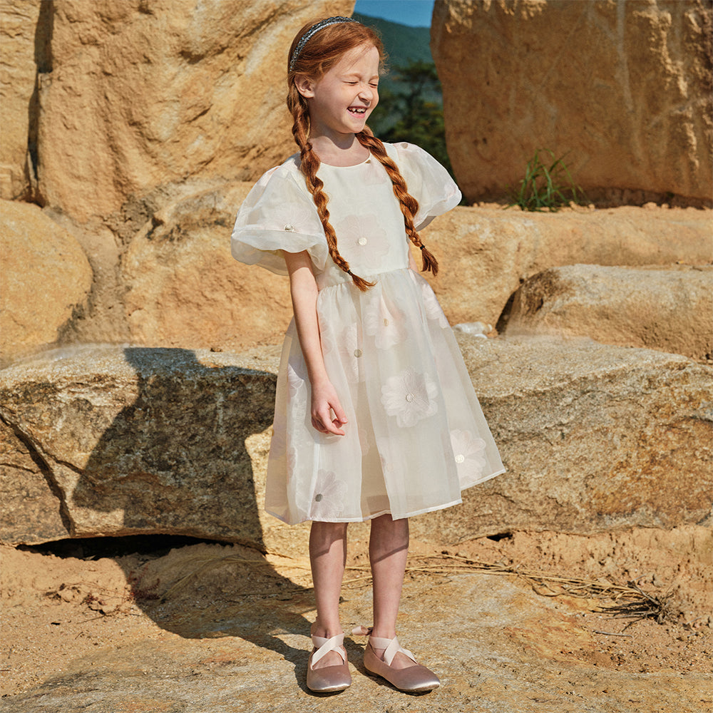 فستان بنات صيفي وردي بياقة دائرية وأكمام منفوشة مع تطريز زهور بأسلوب أميرة