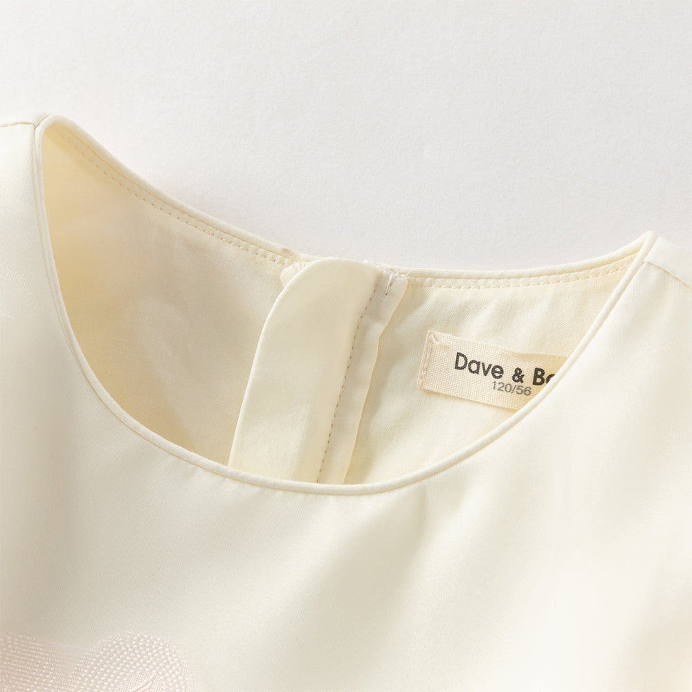 فستان بنات صيفي وردي بياقة دائرية وأكمام منفوشة مع تطريز زهور بأسلوب أميرة