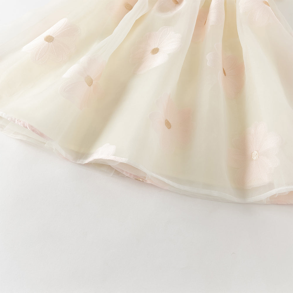 فستان بنات صيفي وردي بياقة دائرية وأكمام منفوشة مع تطريز زهور بأسلوب أميرة