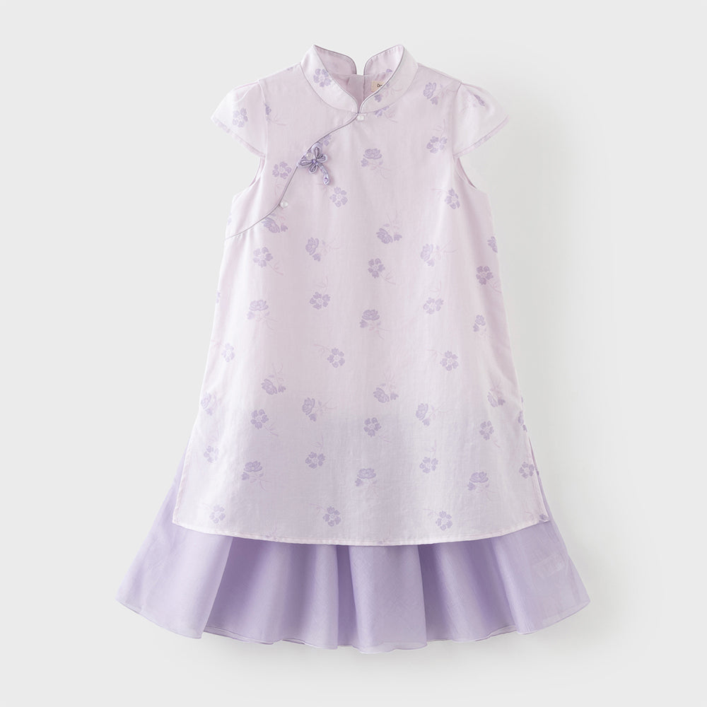 فستان بنفسجي بأكمام قصيرة وياقة تشيباو للبنات الصغيرات، فستان صيني صيفي مطبوع بالأزهار
