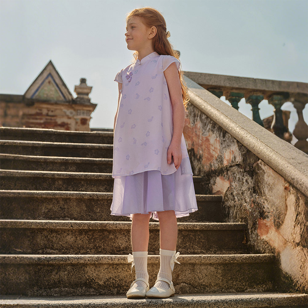 فستان بنفسجي بأكمام قصيرة وياقة تشيباو للبنات الصغيرات، فستان صيني صيفي مطبوع بالأزهار