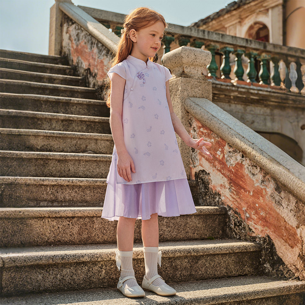 فستان بنفسجي بأكمام قصيرة وياقة تشيباو للبنات الصغيرات، فستان صيني صيفي مطبوع بالأزهار