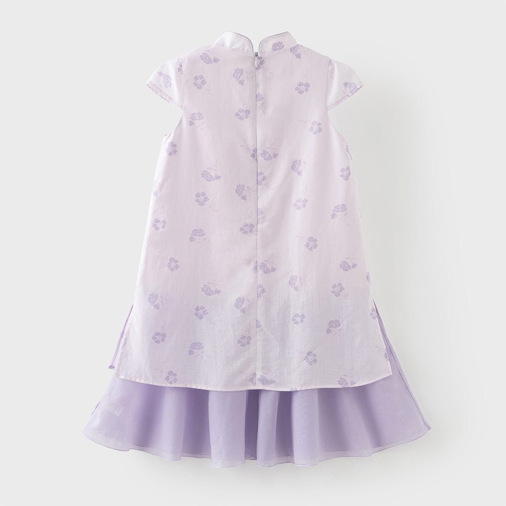 فستان بنفسجي بأكمام قصيرة وياقة تشيباو للبنات الصغيرات، فستان صيني صيفي مطبوع بالأزهار