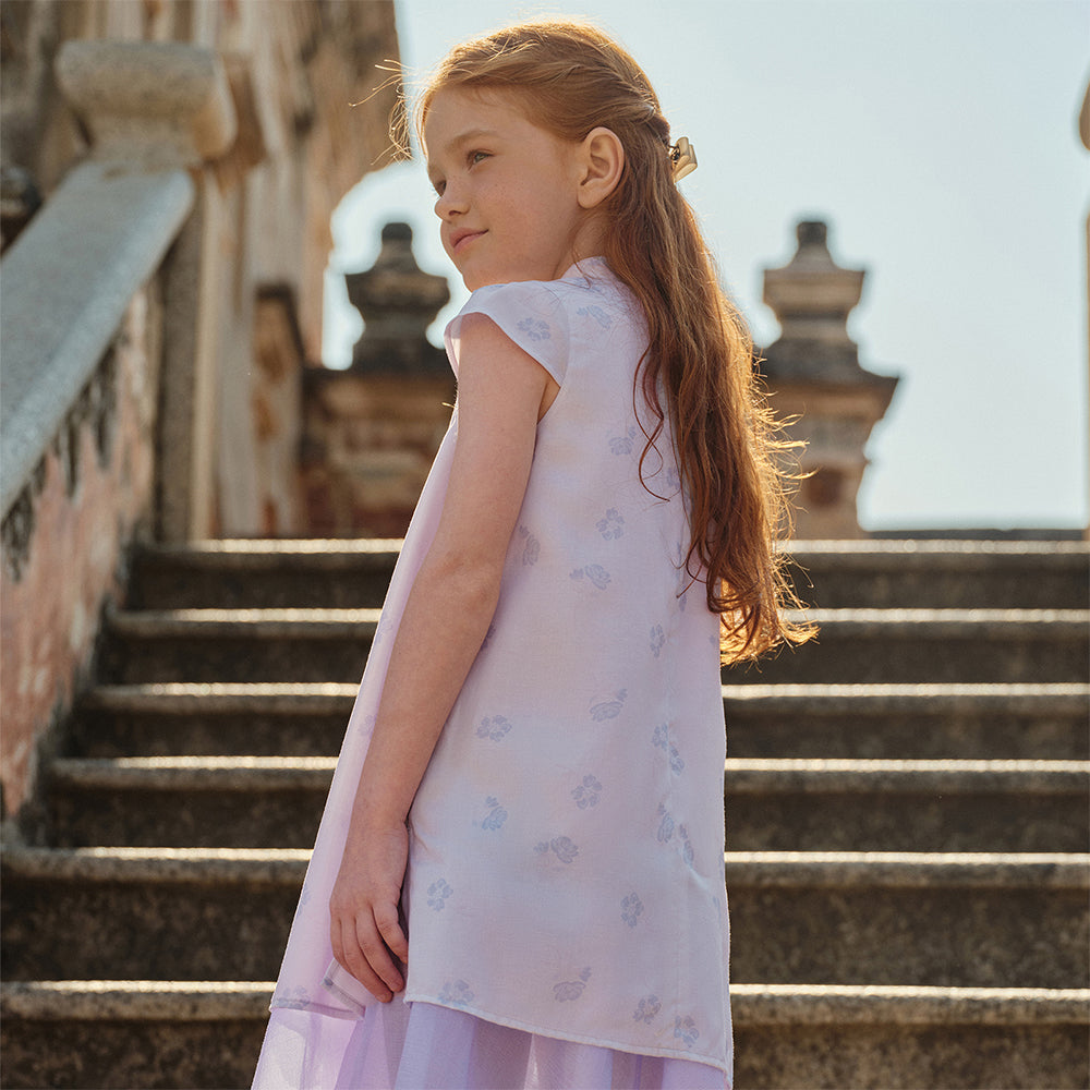 فستان بنفسجي بأكمام قصيرة وياقة تشيباو للبنات الصغيرات، فستان صيني صيفي مطبوع بالأزهار