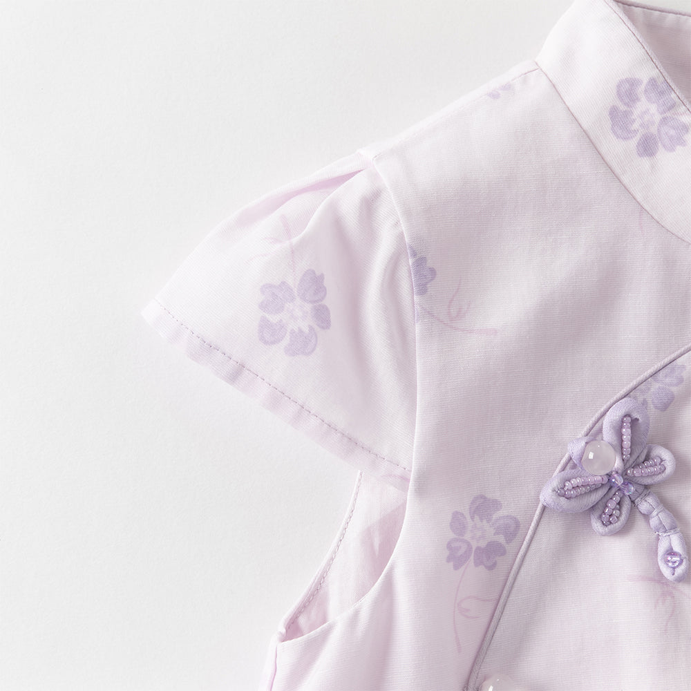 فستان بنفسجي بأكمام قصيرة وياقة تشيباو للبنات الصغيرات، فستان صيني صيفي مطبوع بالأزهار