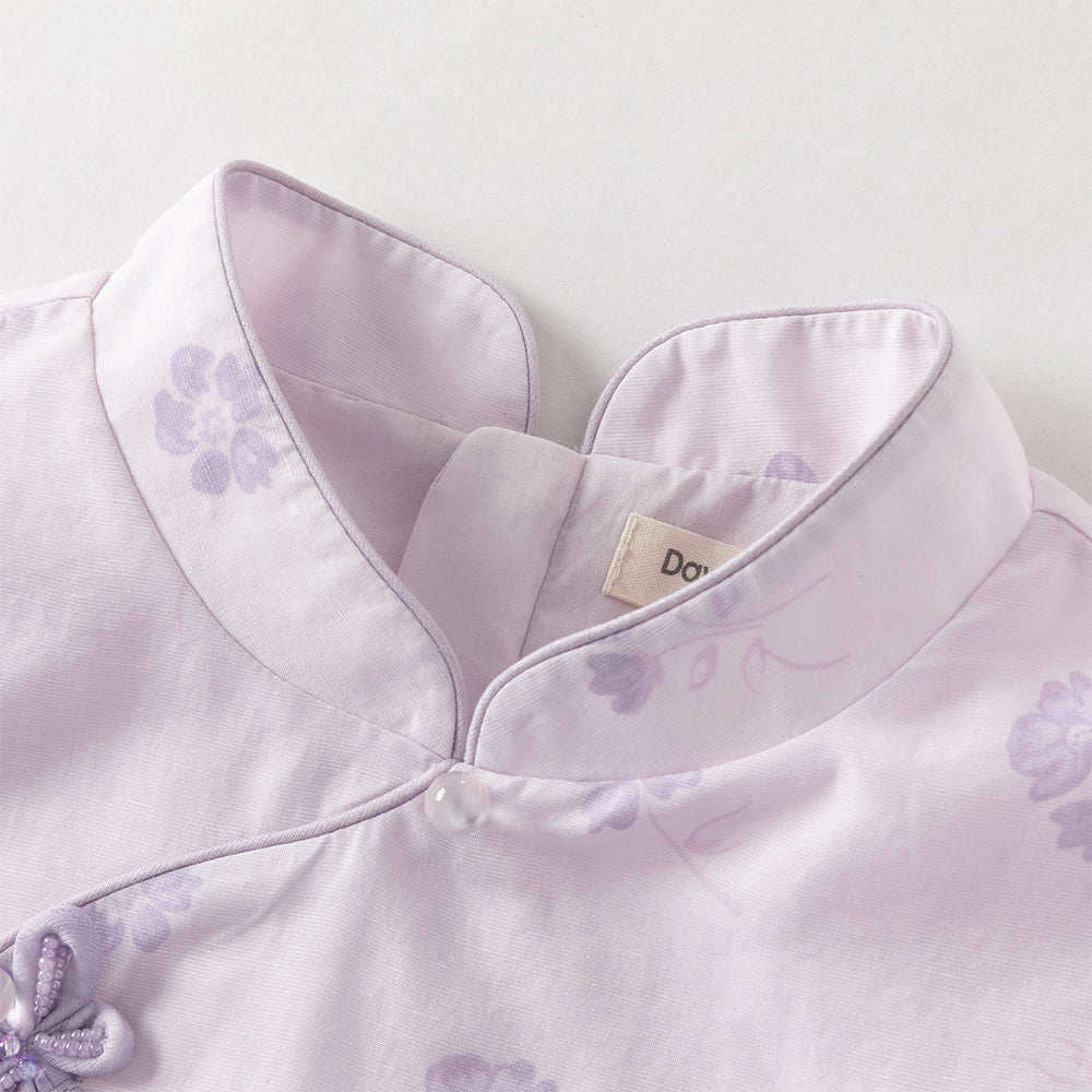 فستان بنفسجي بأكمام قصيرة وياقة تشيباو للبنات الصغيرات، فستان صيني صيفي مطبوع بالأزهار