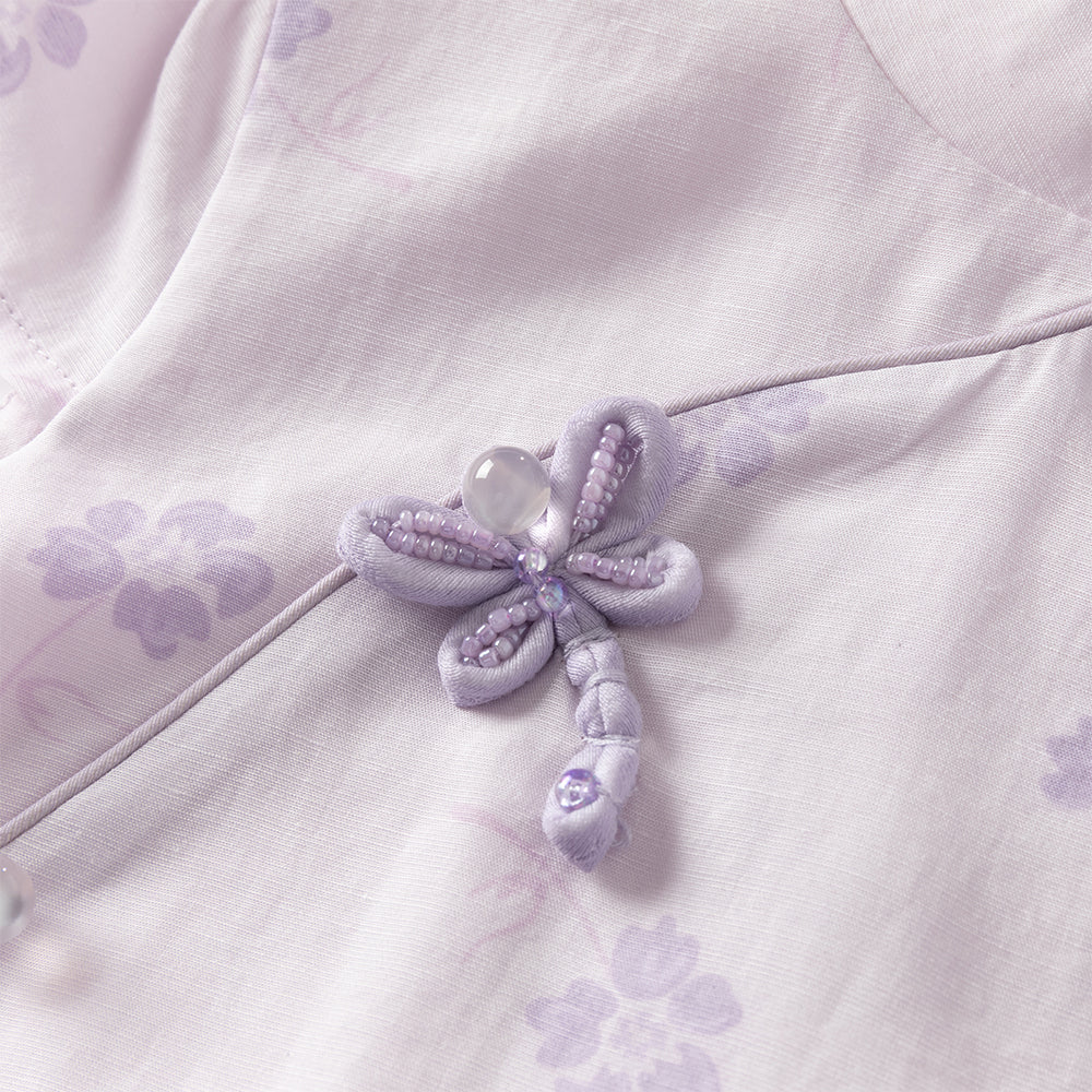 فستان بنفسجي بأكمام قصيرة وياقة تشيباو للبنات الصغيرات، فستان صيني صيفي مطبوع بالأزهار