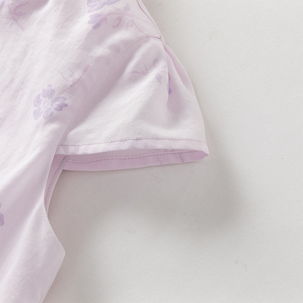 فستان بنفسجي بأكمام قصيرة وياقة تشيباو للبنات الصغيرات، فستان صيني صيفي مطبوع بالأزهار