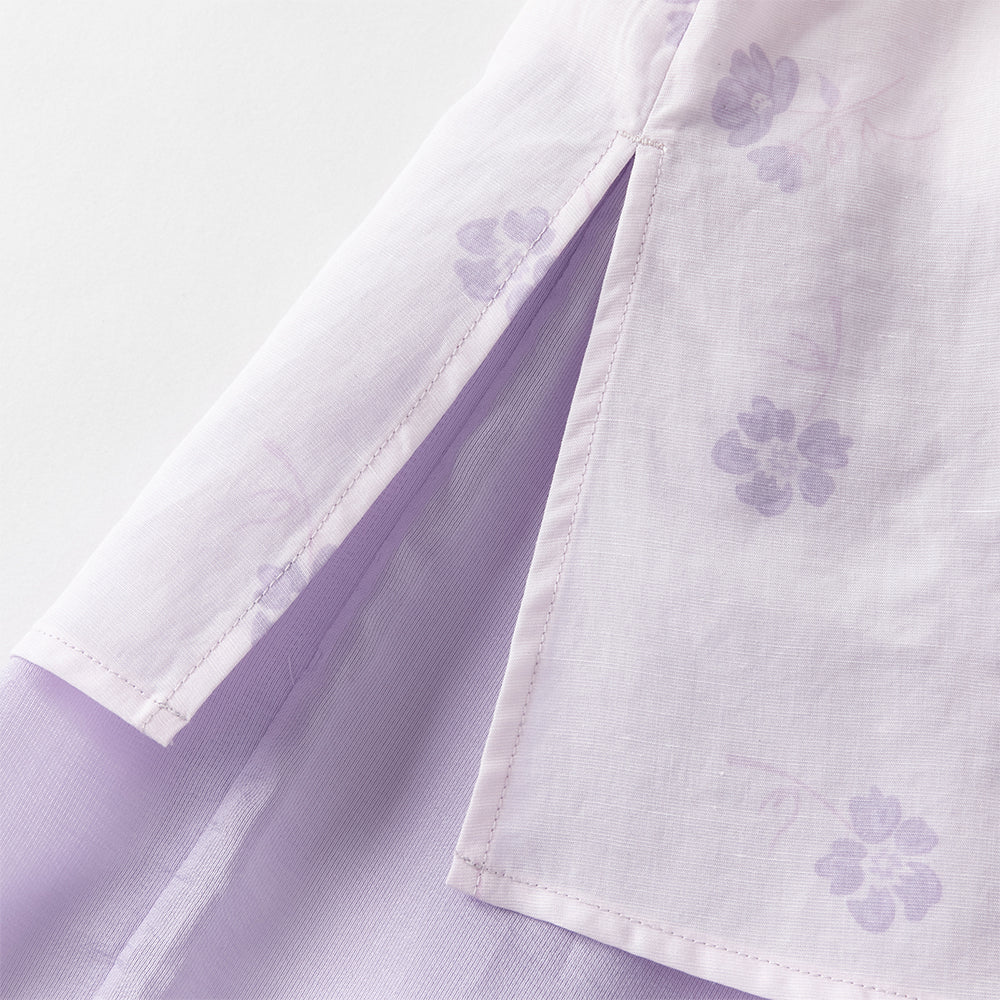 فستان بنفسجي بأكمام قصيرة وياقة تشيباو للبنات الصغيرات، فستان صيني صيفي مطبوع بالأزهار