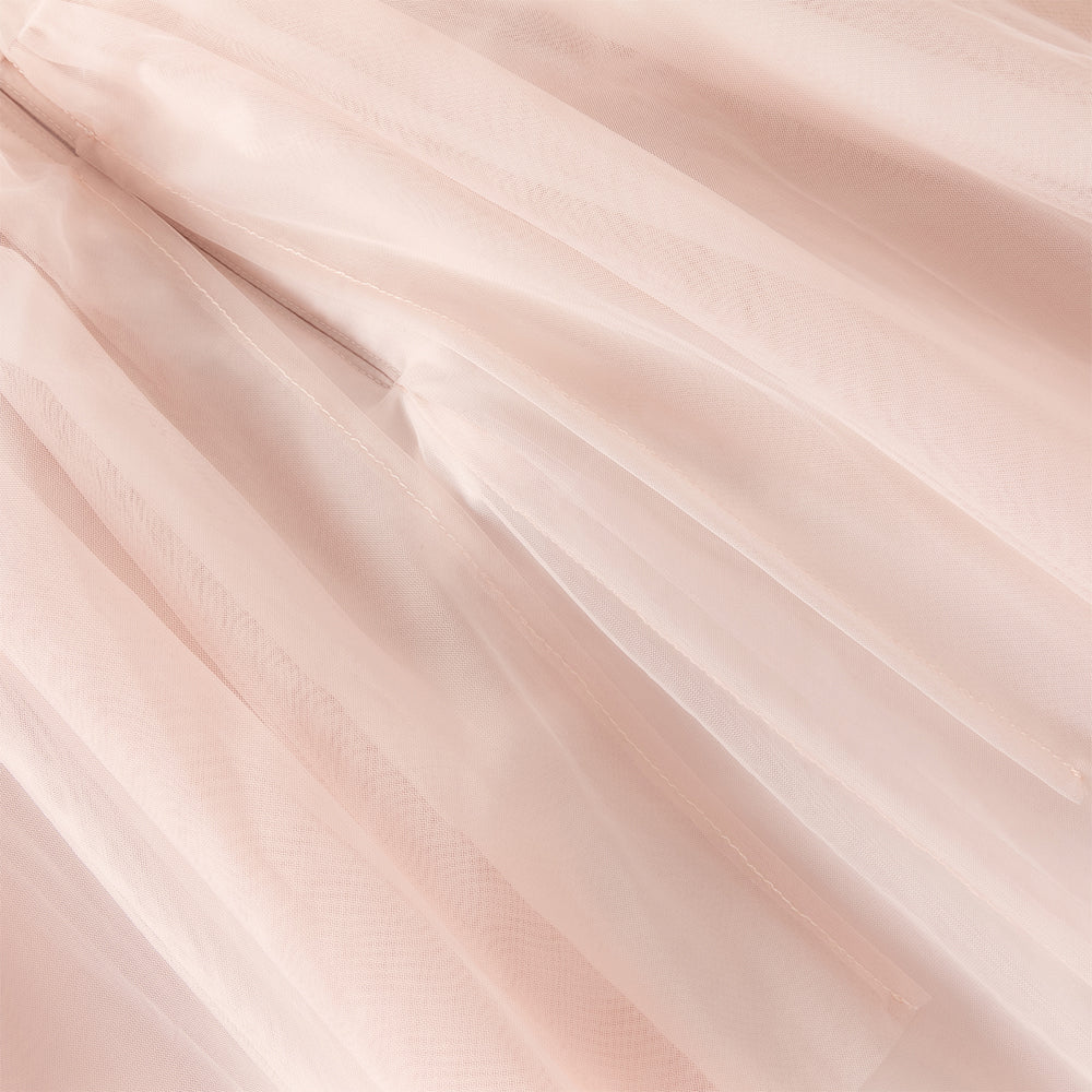 فستان بنات صيفي وردي من التول بياقة دائرية وأكمام كاب مع كاب خلفي من الشبك وتطريز ترتر بأسلوب أميرة