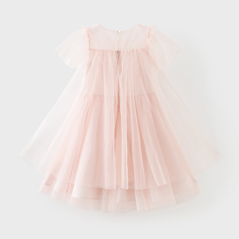 فستان بنات صيفي وردي من التول بياقة دائرية وأكمام كاب مع كاب خلفي من الشبك وتطريز ترتر بأسلوب أميرة