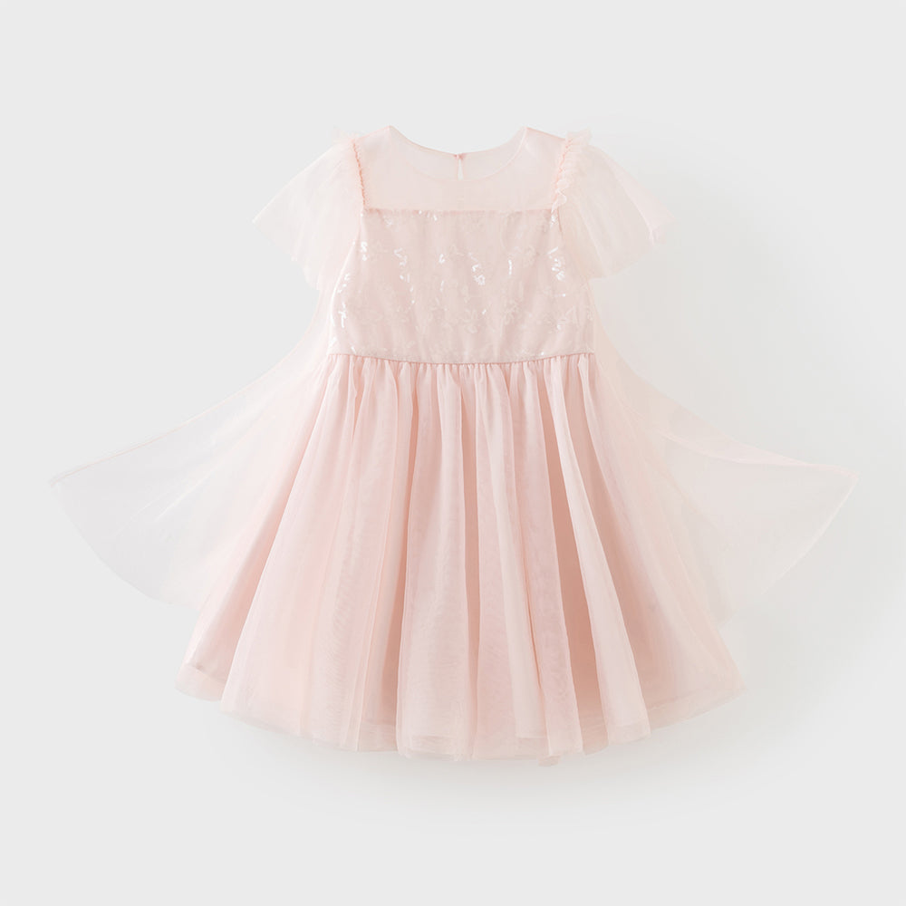 فستان بنات صيفي وردي من التول بياقة دائرية وأكمام كاب مع كاب خلفي من الشبك وتطريز ترتر بأسلوب أميرة