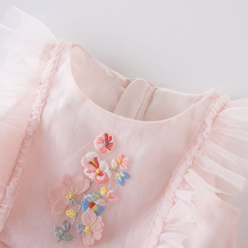 فستان صيفي للبنات الصغيرات من التول الوردي مطرز بالزهور